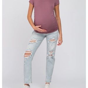 Light Blue Distressed Open Knee Cuffed Maternity Jeans